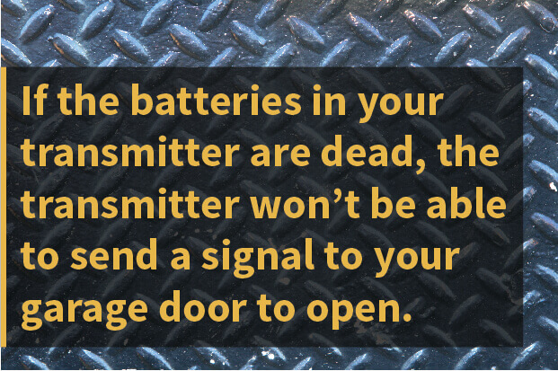 If the batteries in your transmitter are dead, the transmitter won't be able to send a signal to your garage door to open.